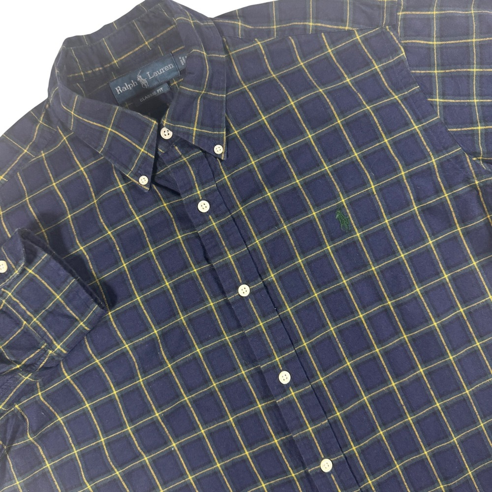 Ralph Lauren Classic Fit Flannel Button Down Men Large Navy Yellow Plaid Shirt